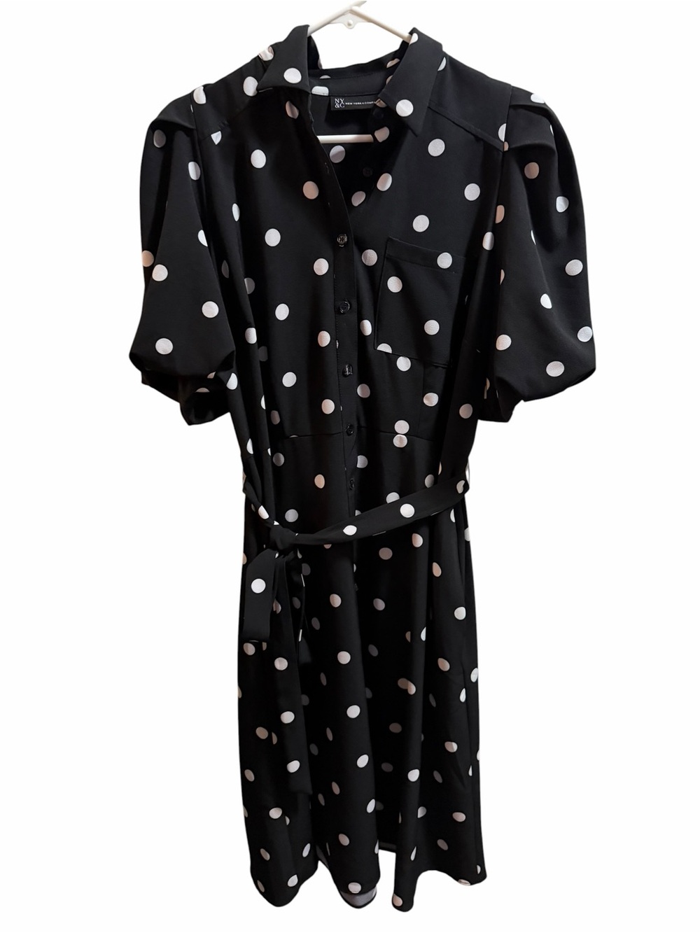 New York & Company Polka Dot Button-Front Black Dress with Belt size large